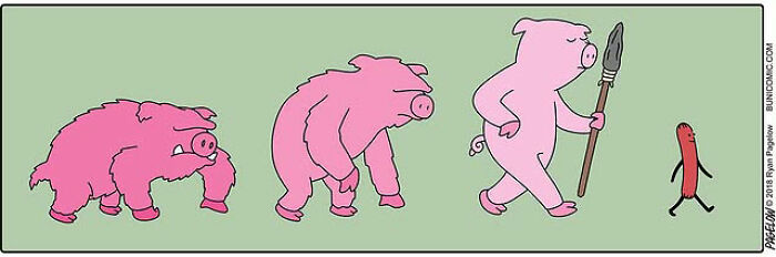 Hot Dog comics panel: three pigs evolving into an upright spear-wielding pig confronting an anthropomorphic walking hot dog