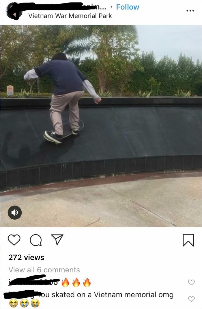 Skateboarder grinding on a Vietnam War memorial wall, an example of next-level jerks.