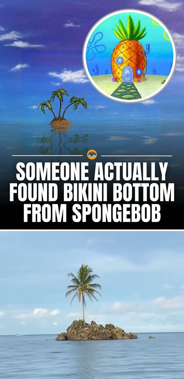 Small tropical island resembling Bikini Bottom from SpongeBob, featured in lighthearted facts and pics collection.