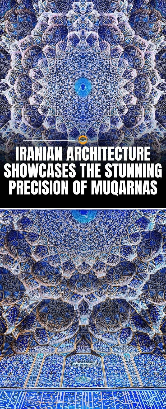 Intricate Iranian architecture featuring stunning precision of muqarnas with detailed blue mosaic patterns and designs.
