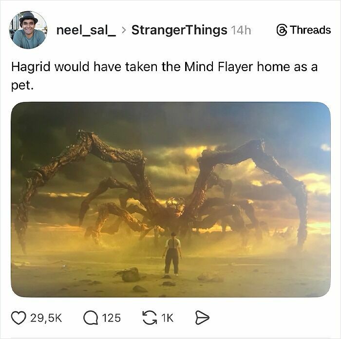 Fan tweet showing a person facing the giant Mind Flayer creature from Stranger Things in a foggy, eerie landscape.