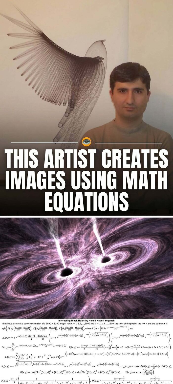 Artist posing next to abstract math equation-based art showing lighthearted facts in creative images.