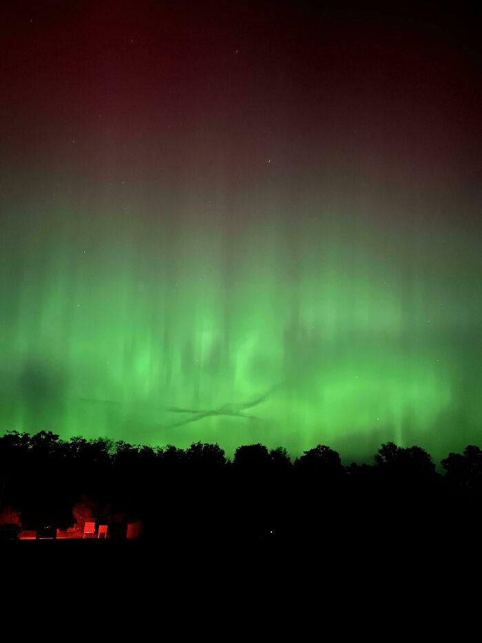 Green aurora borealis above silhouetted treeline, eerie ribbons of light resembling glitches in the matrix.