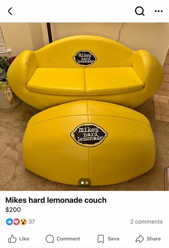 Yellow Mike's Hard Lemonade lemon-shaped couch and ottoman, example of unhinged things sold online