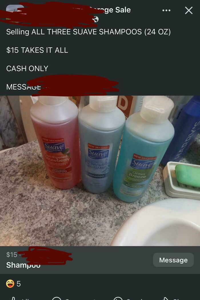 Three used Suave shampoo bottles on a bathroom counter listed among unhinged things to sell online