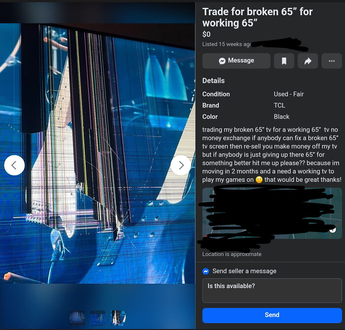 C*****d 65-inch TV listing on marketplace, a broken screen up for trade, unhinged things for sale online