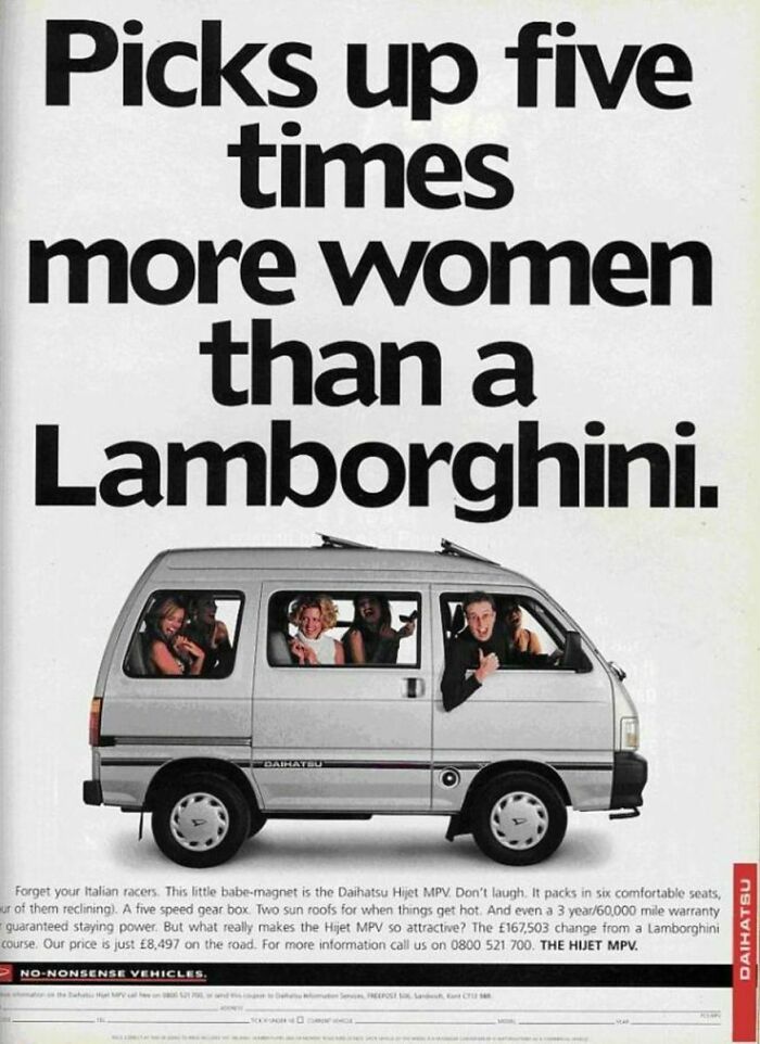 Print advertisement humor creatively compares Daihatsu Hijet MPV to Lamborghini, highlighting unique appeal and audience attraction.