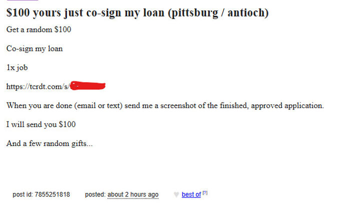 Screenshot of Craigslist ad offering $100 to co-sign a loan, an example of odd things people sell online