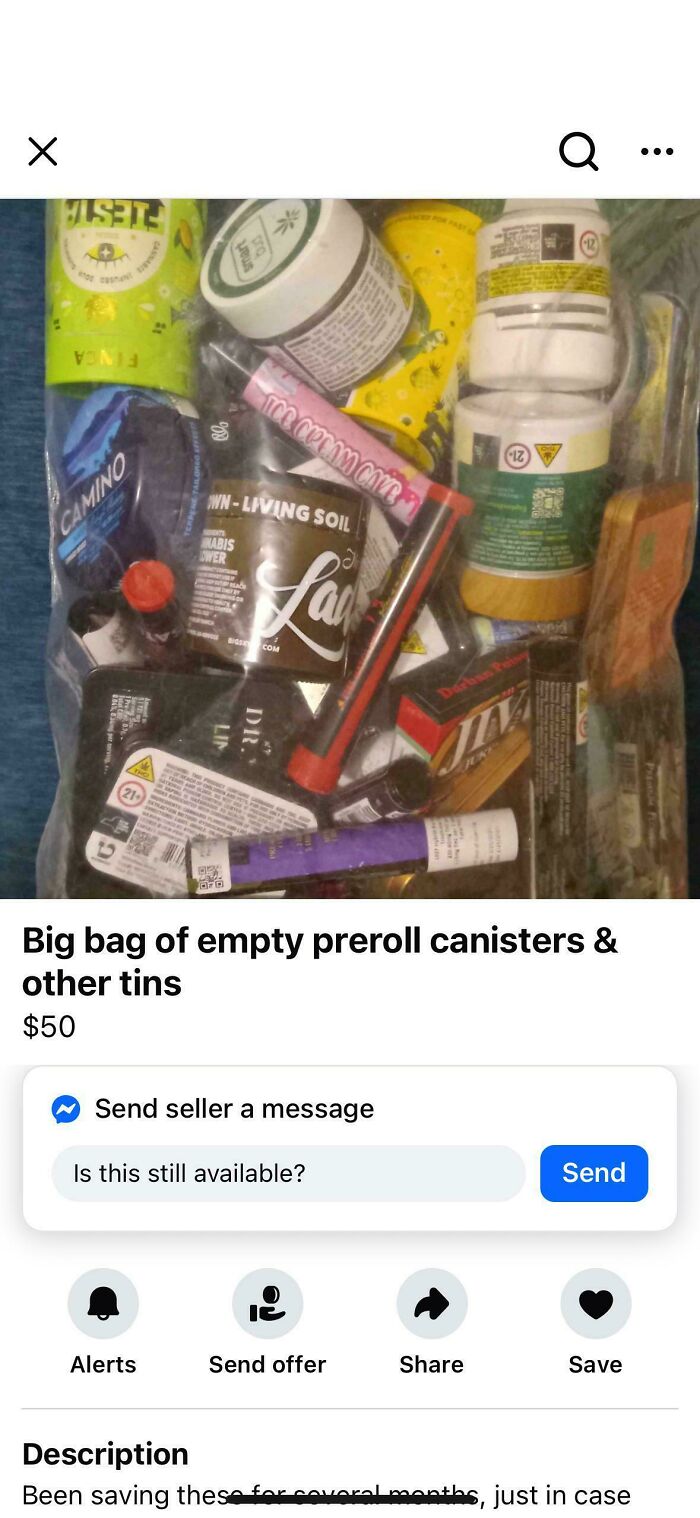 Bag of empty preroll canisters and tins in an online listing, example of unhinged things sold online