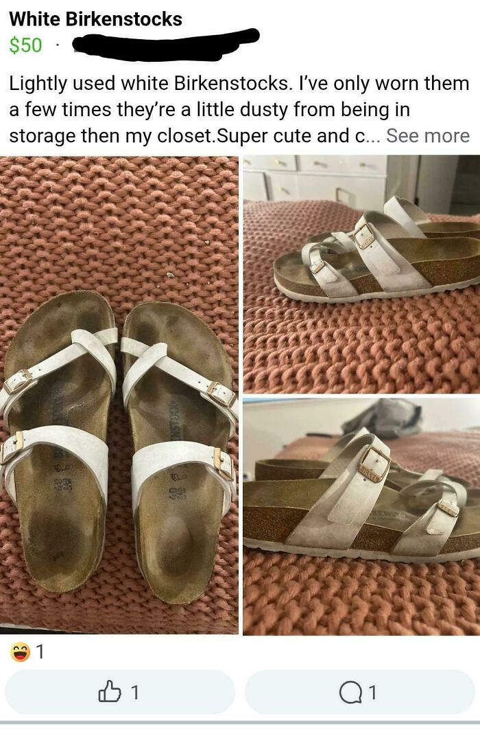 Worn white Birkenstocks on a pink knit blanket in a three-photo listing — unhinged things people tried to sell online