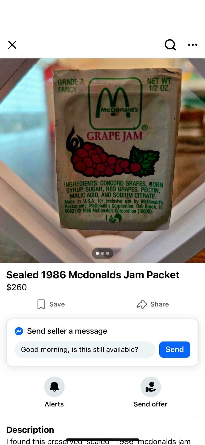 Sealed 1986 McDonalds grape jam packet, vintage oddity featured among unhinged things to sell online
