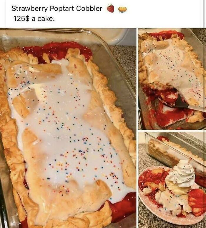 Strawberry Pop-Tart cobbler with white glaze, sprinkles and whipped cream, example of unhinged things sold online