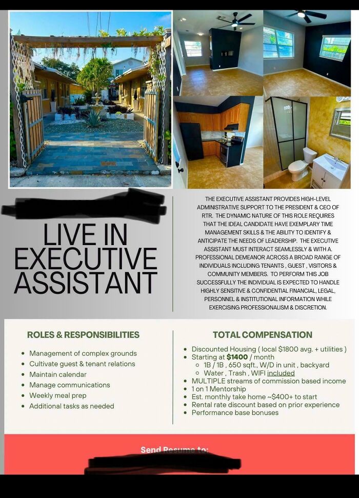 Live-in executive assistant housing ad collage with courtyard and rooms, unhinged things sell online