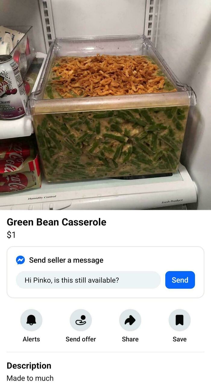 Green bean casserole in fridge drawer with fried onions, listing screenshot of an odd food to sell online