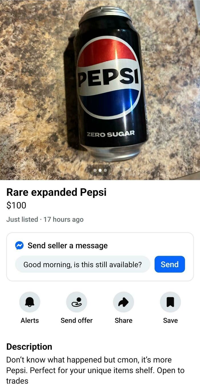Marketplace listing of a bloated Pepsi Zero Sugar can sold as rare item, example of unhinged things sell online