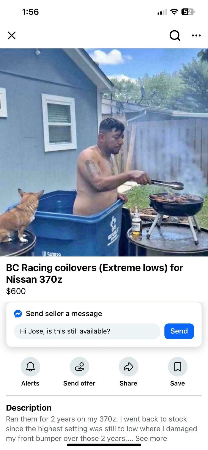 Shirtless man sitting in a blue trash bin grilling by a small dog - example of unhinged things sold online.
