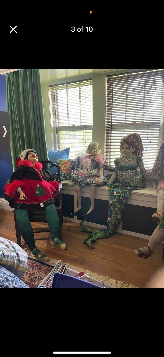 Three unhinged things: large creepy dolls posed on a window seat and chair for sale online