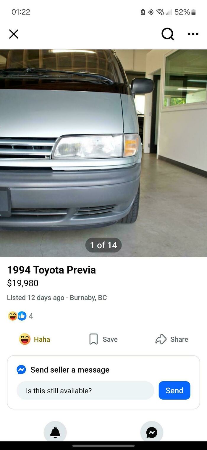 1994 Toyota Previa front view in garage listing photo, example of unhinged things sold online
