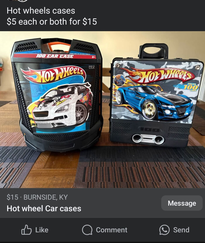 Two Hot Wheels car cases on a table with price text, listed to sell online as toy car storage boxes
