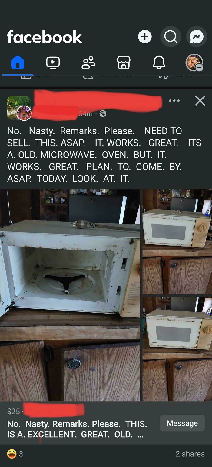 Rusty old microwave on wooden cabinet, example of unhinged things sold online