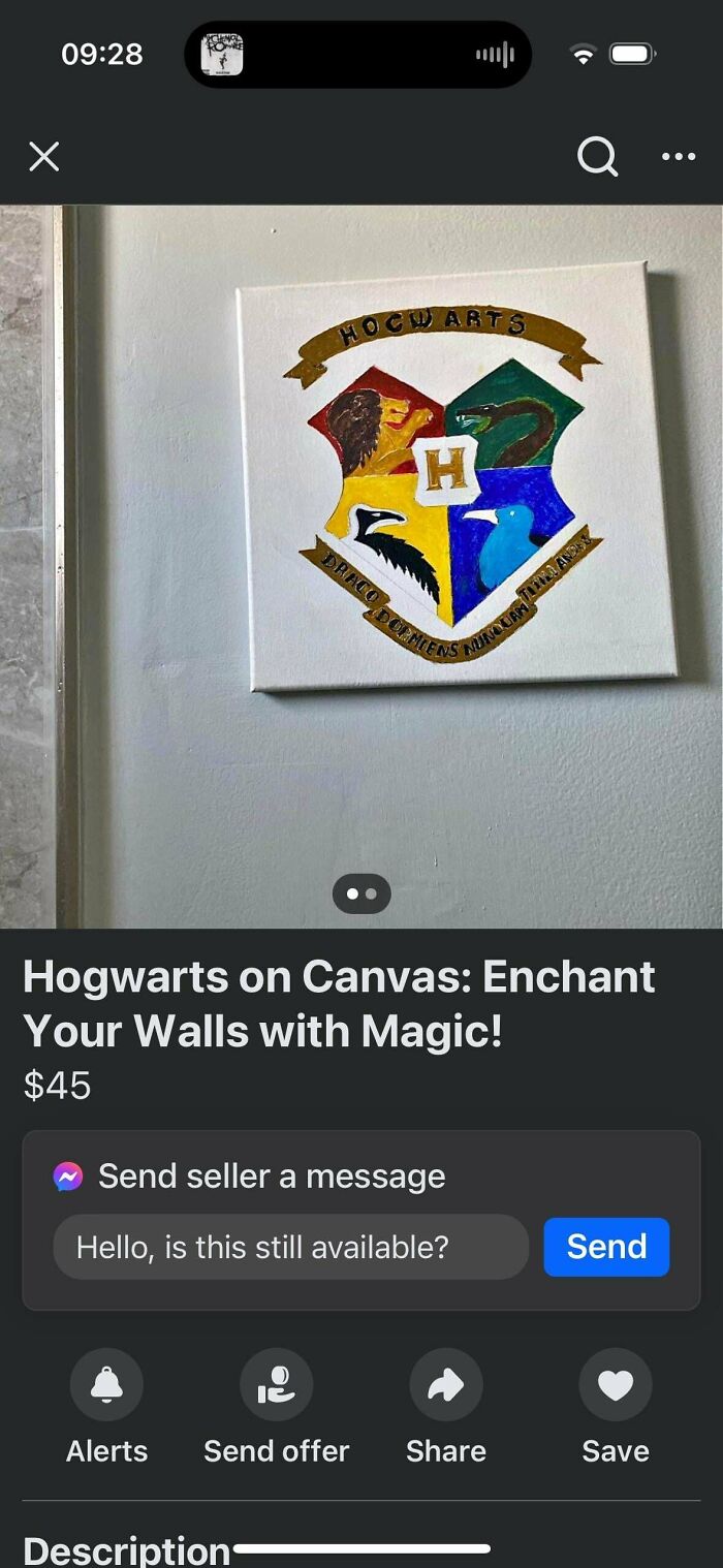 Hand-painted Hogwarts crest canvas on wall listed as one of unhinged things for sale online
