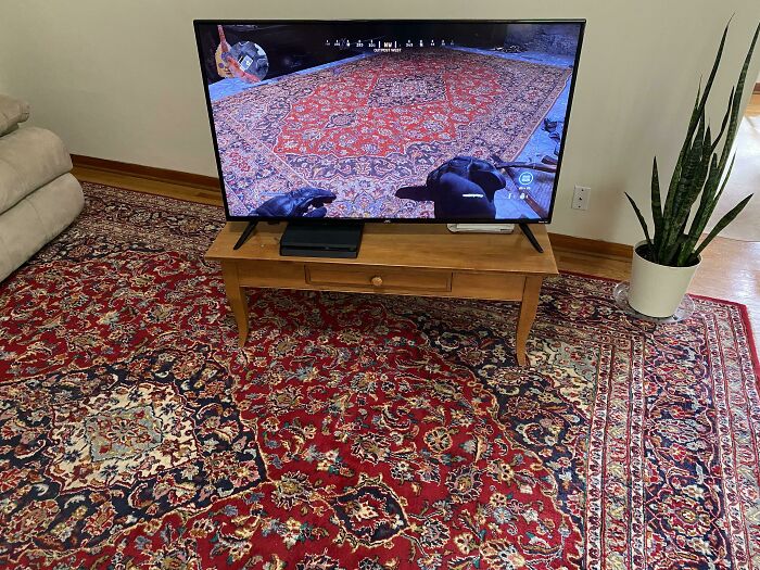 TV showing identical rug pattern to real carpet, living room scene hinting at glitches in the matrix