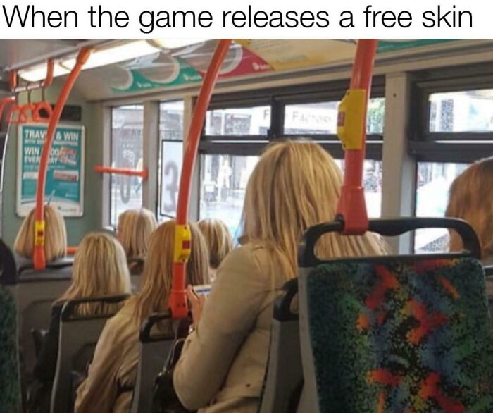 Multiple identical blonde women seated on a bus, a real-life glitches in the matrix moment