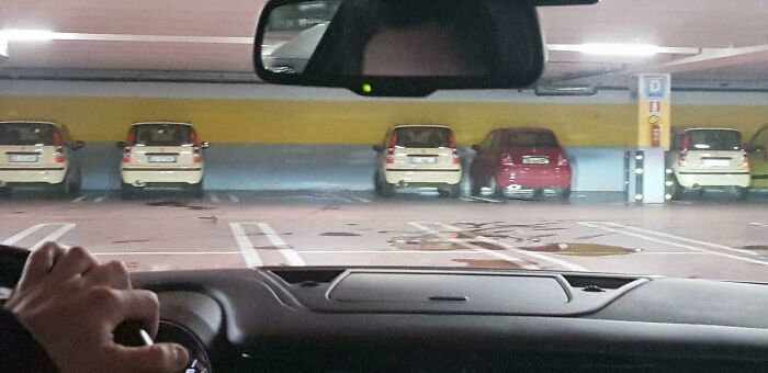 Driver view of parking garage with repeating identical small cars and one red car, evoking glitches in the matrix