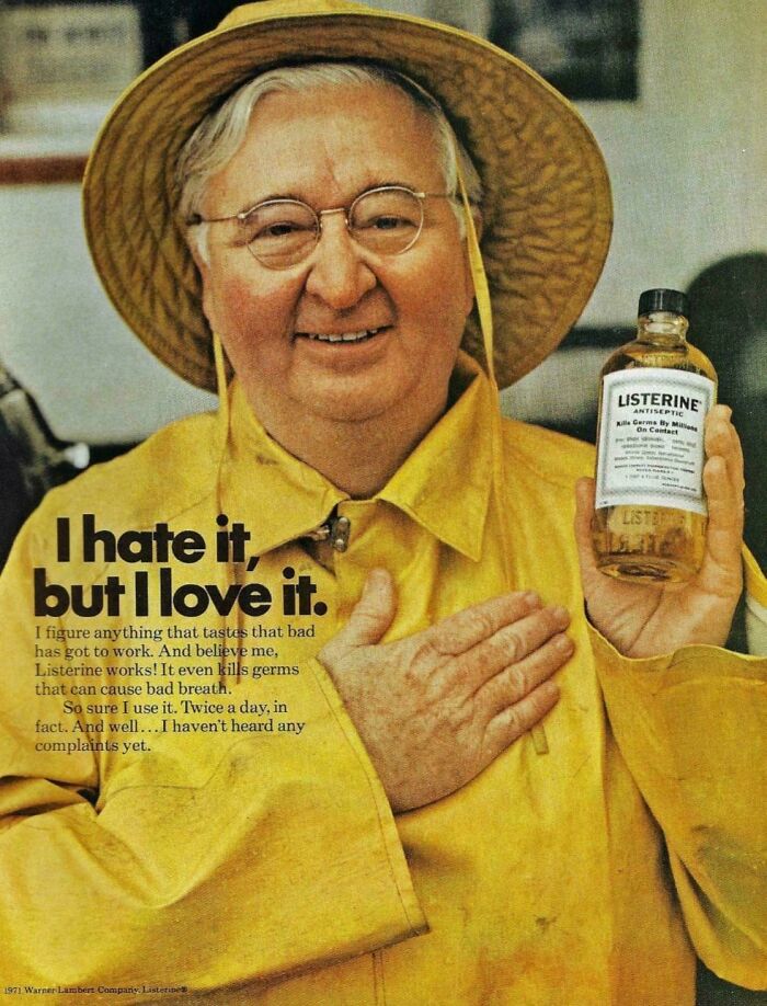 Vintage print advertisement showing a man in a yellow raincoat humorously promoting Listerine mouthwash with creativity.