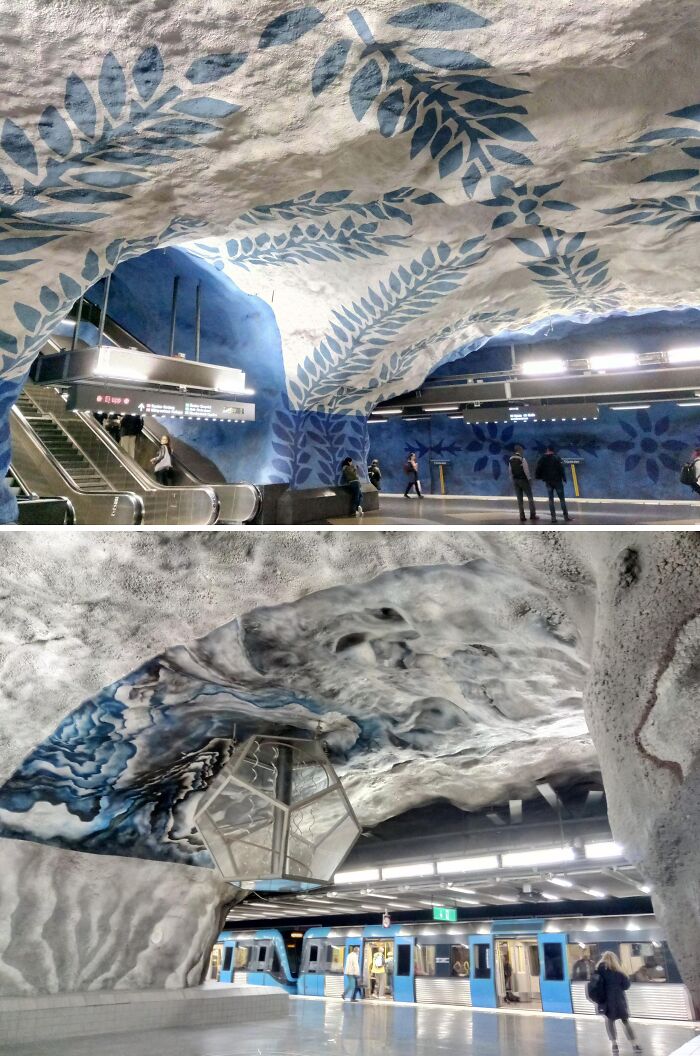 Artistic blue and white cave-themed metro station interior showing impressive things countries implemented in public transit design.