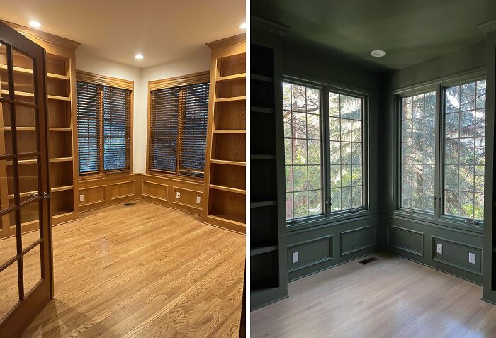 Before and after home decoration showing transformed window corner with built-in shelves and wooden flooring.