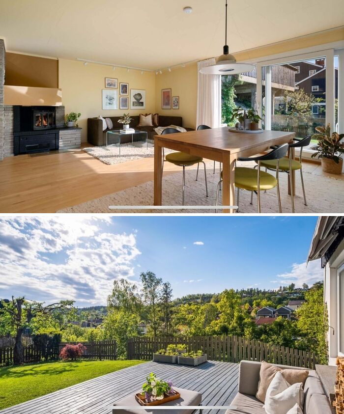 Brightly decorated living room and spacious outdoor deck showcasing stylish home decoration and inviting outdoor space.