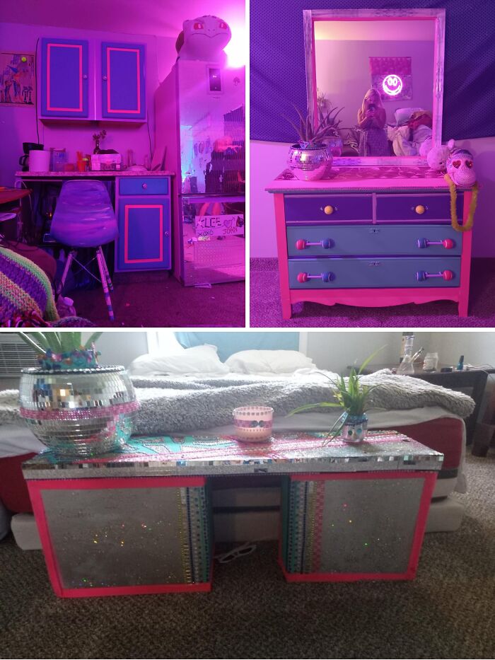 Vibrantly decorated home furniture with LED lighting and mirrored surfaces showcasing creative home decoration ideas.