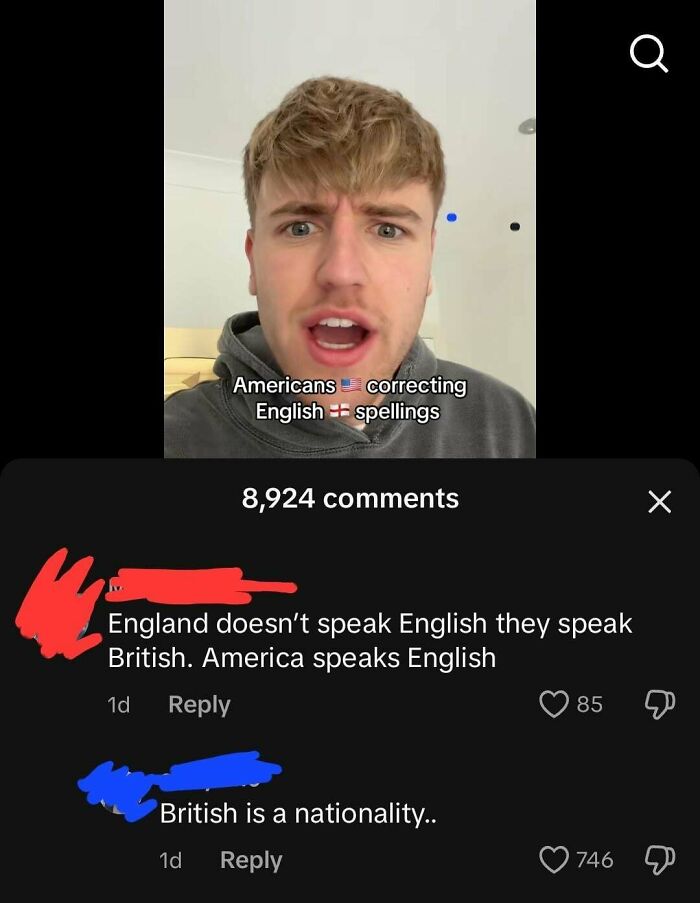 Young man reacting to American internet comments about English spellings with heated social media replies.