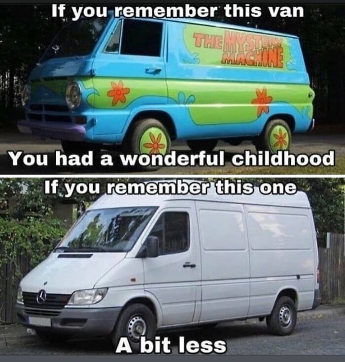 Side-by-side images of the Mystery Machine van and a plain white van with dark humor memes about childhood memory.