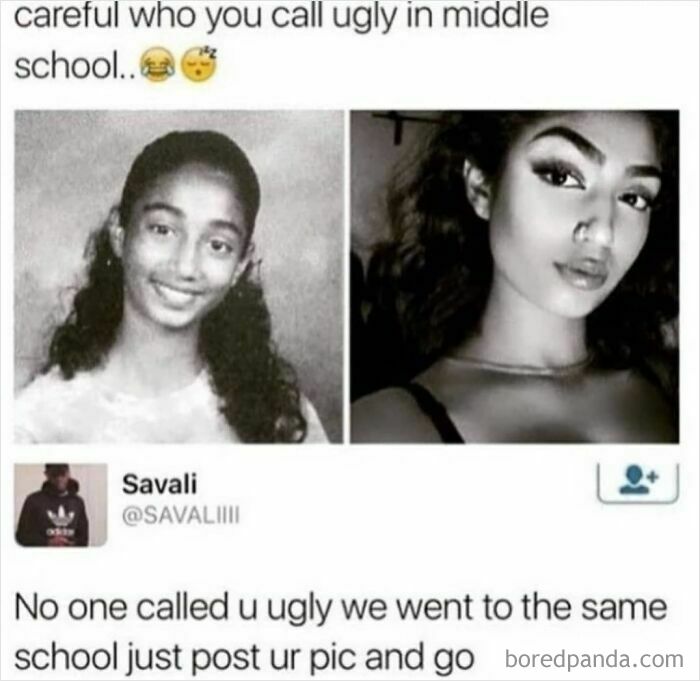 Before and after photos with a dark humor meme about middle school and appearance in a social media post.