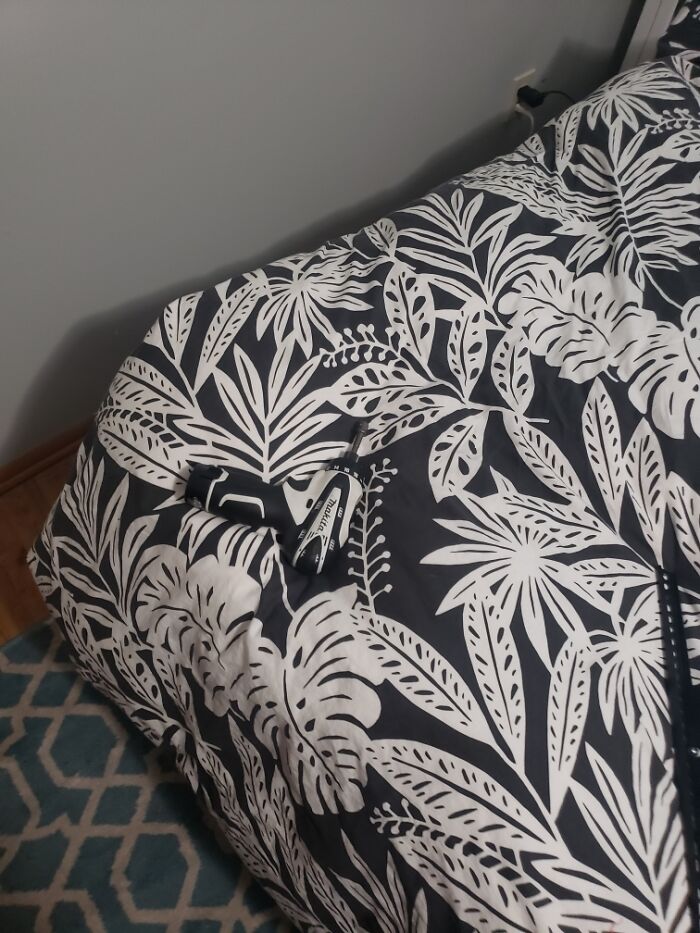 Cordless drill left on black and white tropical leaf bedspread, woke up expecting a normal day
