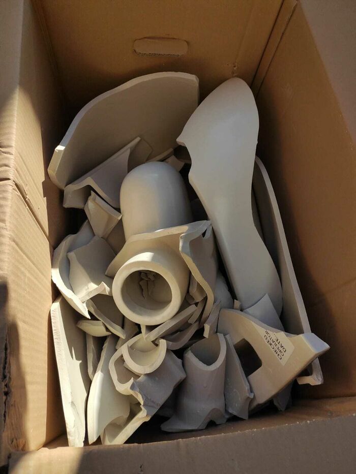 Box of shattered porcelain vase parts in cardboard, woke up expecting a normal day