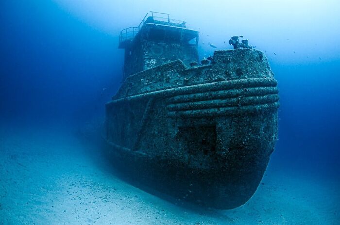 Underwater view of a large sunken shipwreck surrounded by clear blue ocean, highlighting hidden family secrets metaphor.