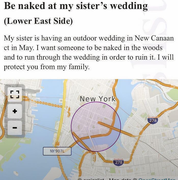 Craigslist ad asking someone to be naked at a wedding over NYC map, example of unhinged things sold online