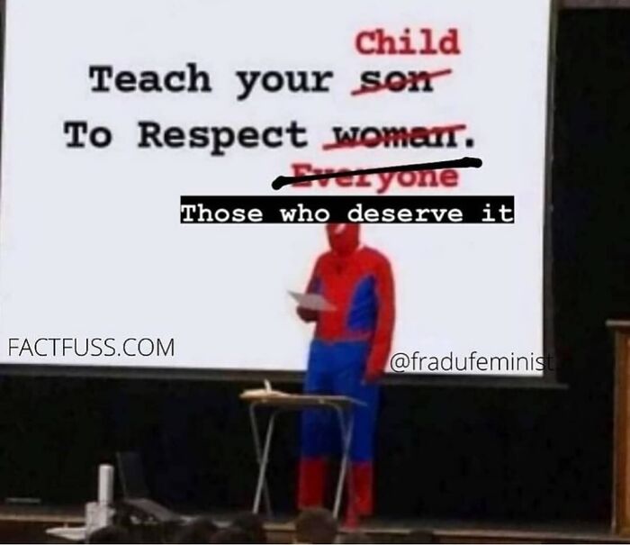 Man in Spider-Man costume presenting a dark humor meme about respect on a large screen for hilarious memes fans.