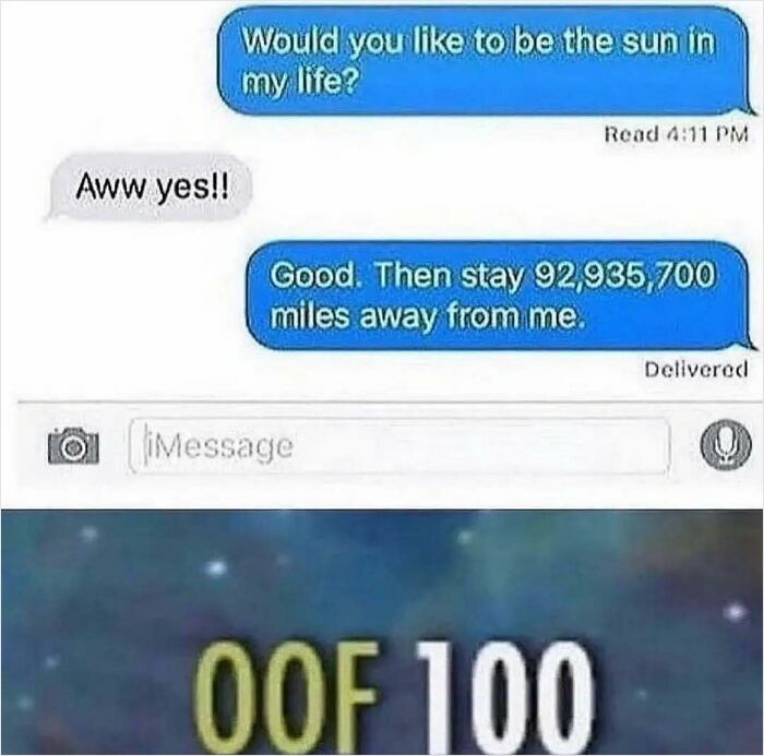 Text message meme with dark humor about distance, paired with an "OOF 100" reaction, showcasing hilarious memes with dark humor.