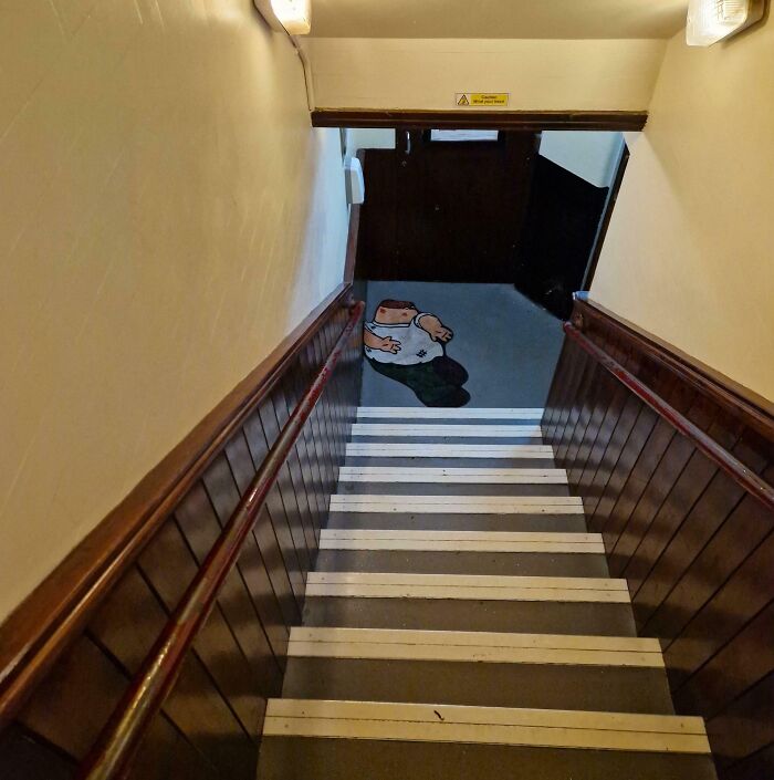 Staircase with a confusing painted cartoon figure at the bottom, creating a funny visual illusion effect.