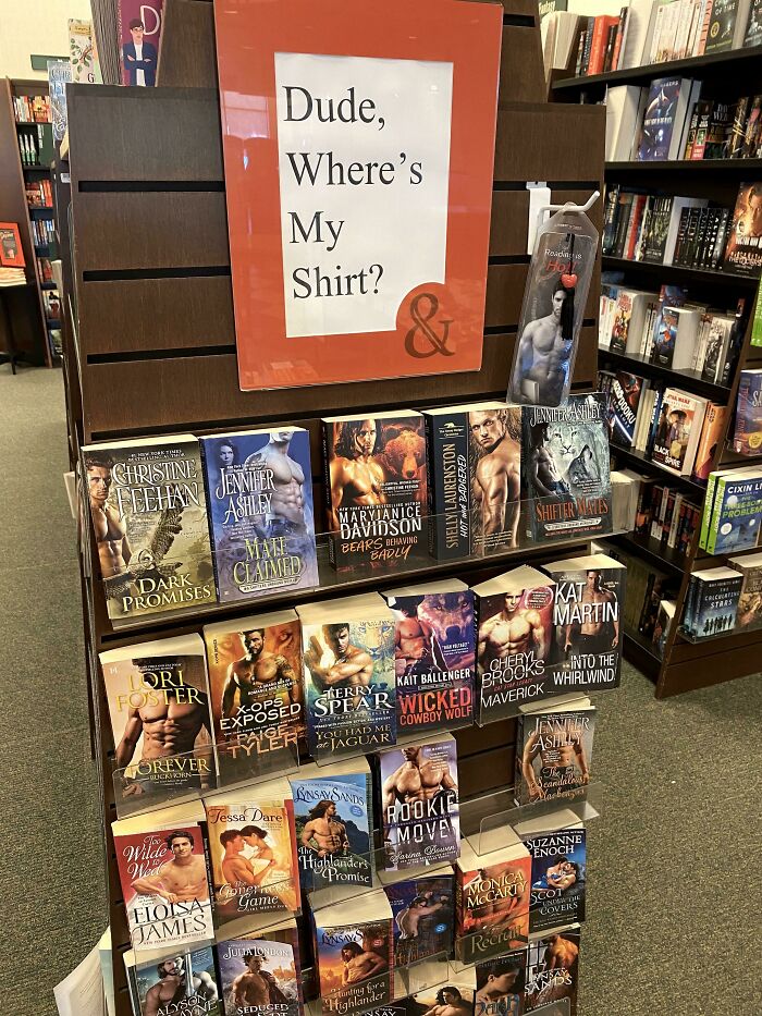 Bookstore display with shirtless men on romance novel covers under a sign saying Dude, Where’s My Shirt, a confusing funny picture.