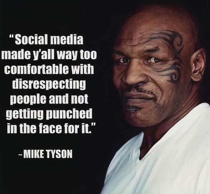 Portrait of tattooed man and bold quote about social media disrespect, posts aged like wine