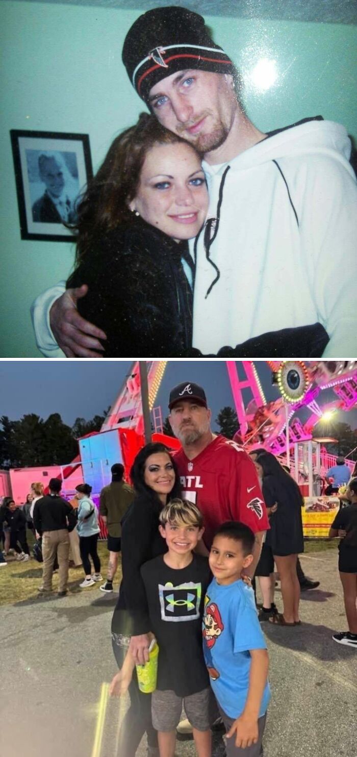 Wholesome photos of a couple then and now: young pair hugging in old photo, later with two boys at a colorful fair.