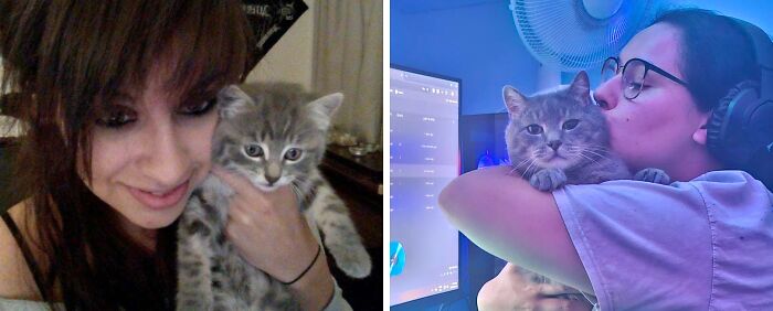 Wholesome photos of a woman holding the same cat as a kitten and later grown, smiling and kissing it in blue-lit room
