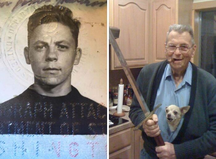 Wholesome photos: side-by-side of young black-and-white portrait and same man elderly smiling with sword and small dog