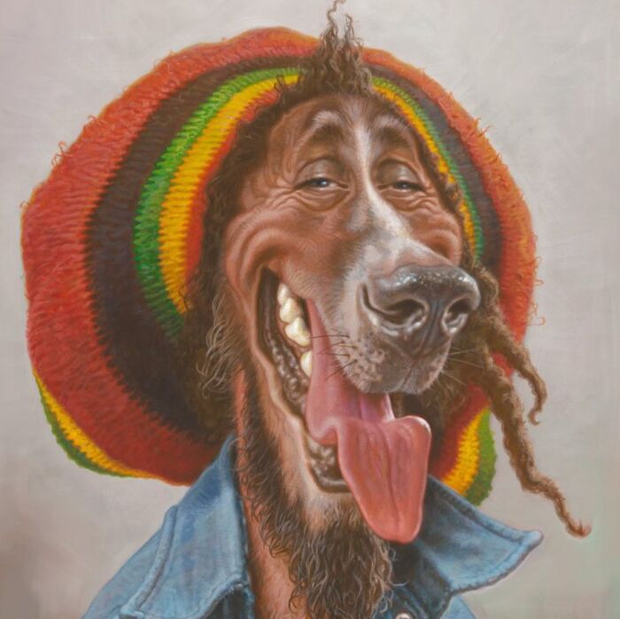 Caricature painting of pop culture icons as a laughing dog in Rasta hat and denim jacket