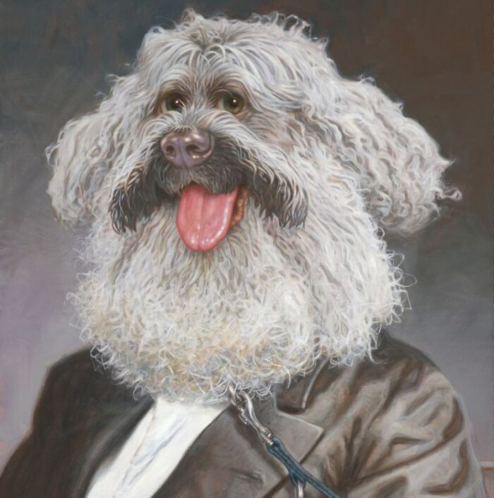 Pop culture icons into dogs caricature painting of fluffy white dog wearing brown suit, tongue out